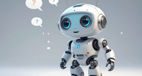 Firefly friendly small robot plain gray background surrounded by small question bubbles v2.. 564014