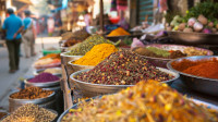 openair market with traders selling spices herbs aromatic colorful